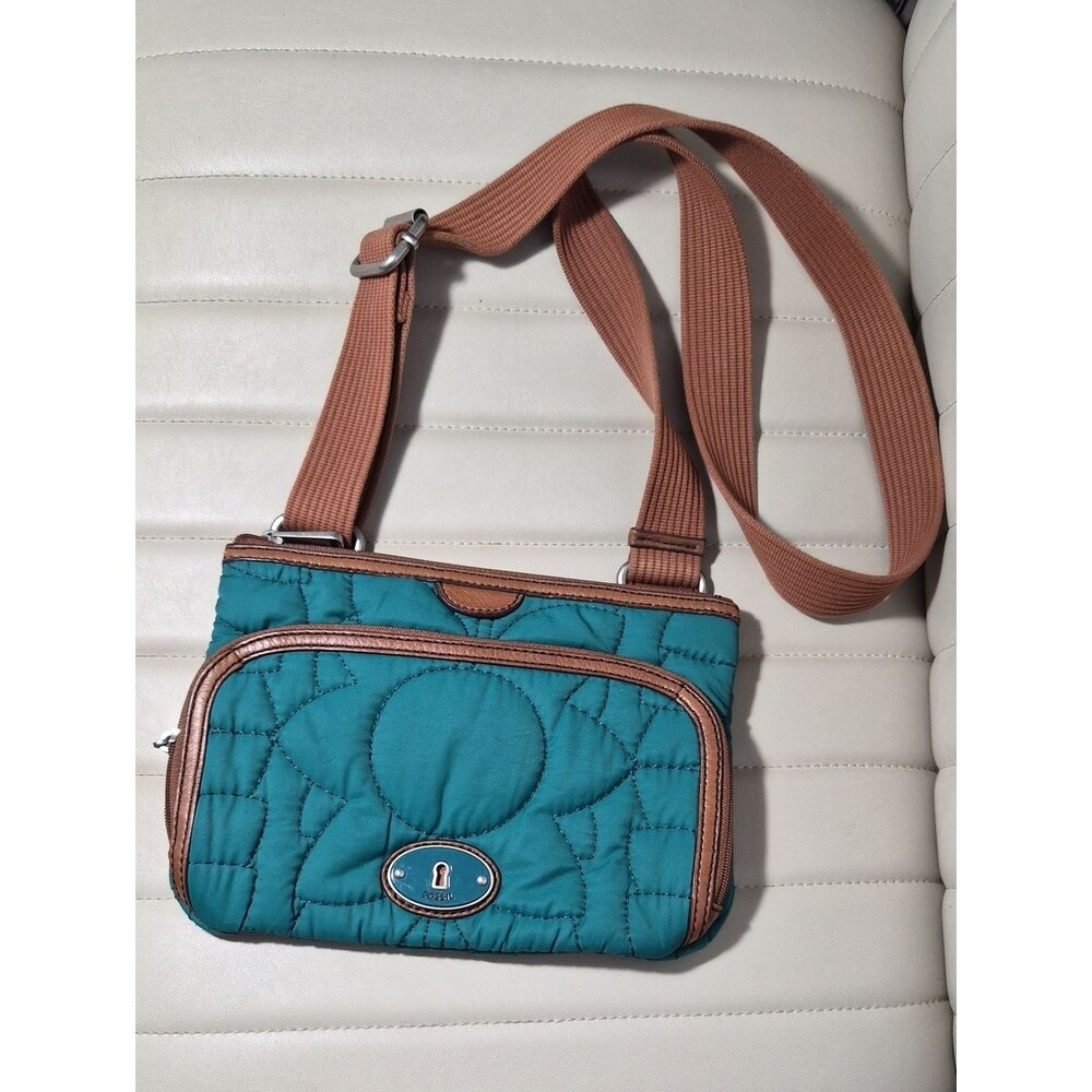 Fossil Teal Quilted Crossbody with Tan Strap